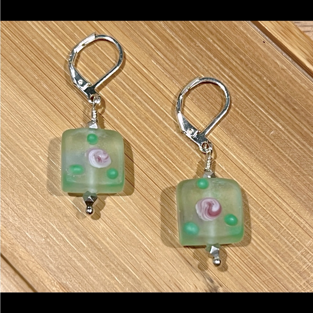 Beautiful Green Painted Rose Bud Square Earrings W/ 925 Silver Lever Back Hooks